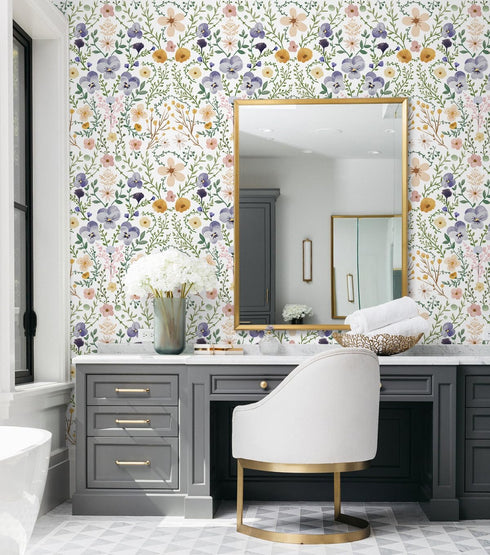 HAOKHOME 93399-1 Floral wallpaper Peel & Stick Purple/Green/White Nursery Wall Paper Boho Stick on Contact Paper 17.7in x 9.8ft...