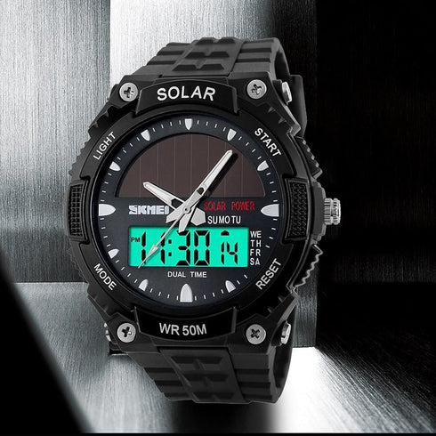 FANMIS Men's Solar Powered Casual Quartz Wrist Watch Analog Digital Multifunctional Black Sports Watch...