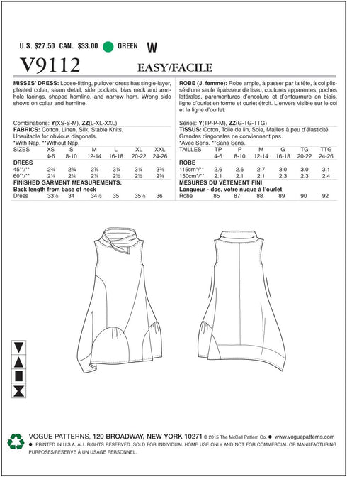 Vogue Patterns V9112 Misses' Dress, Size Y (XSM-SML-MED)...