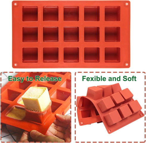 Square Silicone Mold, Cube Mousse Cake French Dessert Baking Molds, 2 Pack 15 Cavity Lollipop Silicone Molds for Soap, Candy Chocolate Cubes, Ice ...