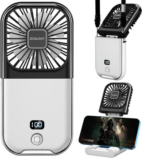 Upgraded 5-in-1 Portable Handheld Fan, Necklace Fan, Mini Desk Fan, Foldable Phone Stand, Emergency Backup Power, Quiet USB Rechargeable Personal ...