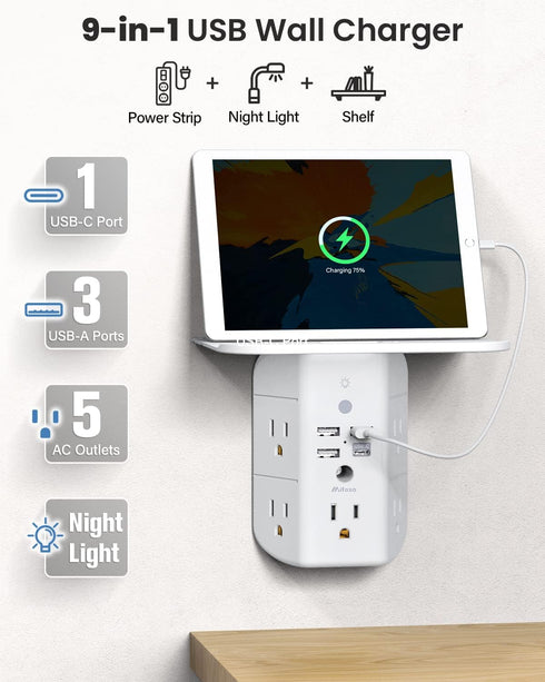 Wall Outlet Extender with Shelf and Night Light,Surge Protector,USB Wall Charger with 5 AC Outlets and 3 USB Ports 1 USB C Outlet Wide Space 3-Sid...