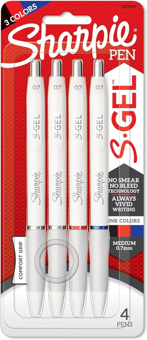 SHARPIE S-Gel, Gel Pens, Medium Point (0.7mm), White Barrel, Assorted Ink Colors, 4 Count...
