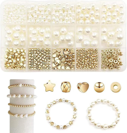 720PCS Pearl Beads for Bracelets Kit, Round Beads for Bracelet Necklaces Jewelry Making Supplies, Pearls Beads with Gold Spacer Beads Holes DIY Cr...