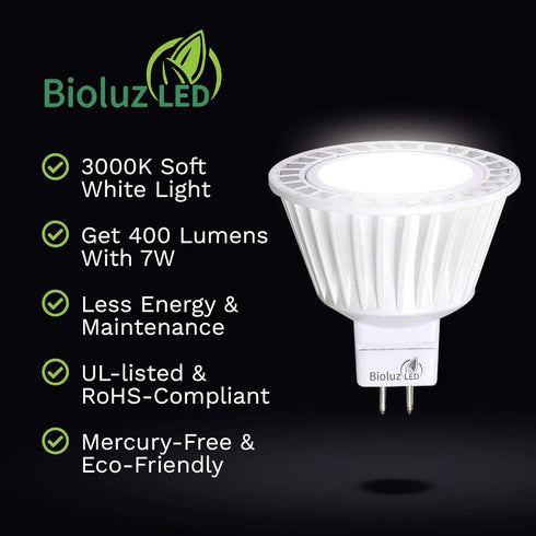 Bioluz LED 5 Pack MR16 LED Bulb Dimmable 50W Halogen Replacement 7w 3000K 12v AC/DC UL Listed High CRI...