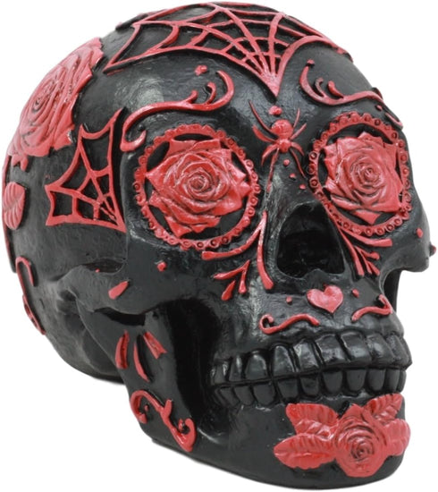 Ebros Day of The Dead Spider Web Floral Red Rose Skull Figurine DOD Floral Black Sugar Skull Statue 5" L...