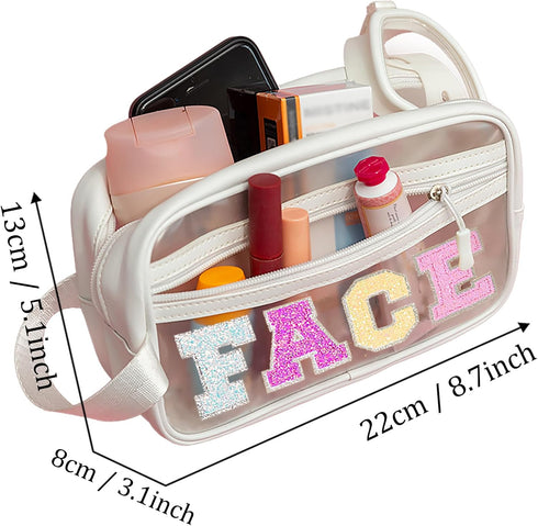 Clear Preppy Patch Makeup Bag Cosmetic Pouch with Glitter Bling Letters for Women Teen Girls Sister, Make Up Travel Stuff Organizer Cute Stylish T...