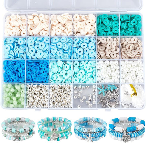 SUNNYCLUE 1 Box DIY 4 Sets Ocean Theme Bracelet Making Kit White Blue Polymer Clay Beads Bulk Starfish Howlite Bead Summer Hawaii Sea Charms Glass...