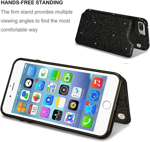 UEEBAI Case for iPhone 7 Plus 8 Plus, Premium Glitter PU Leather Case Back Wallet Cover with Two Magnetic Clasp, Card Slots, Stand Function, Durab...