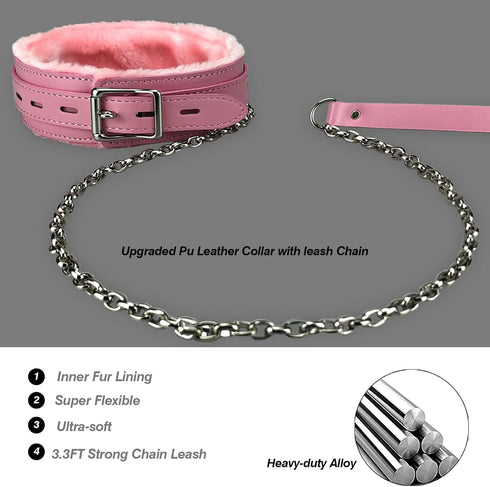 Gothic Leather Choker Collar, PU leather Fur Lined Collars Necklace with Long and Durable Detachable Leash Chain Pet Collars, Pink...