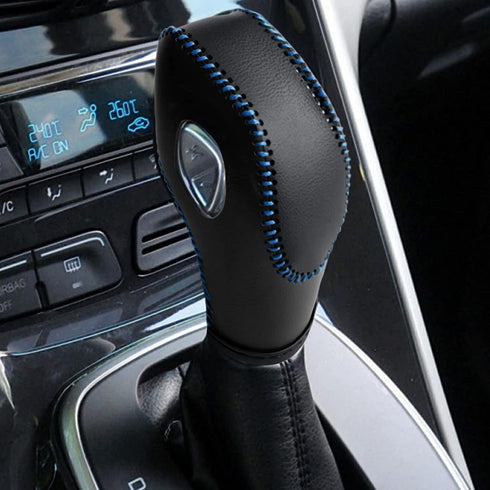 Leather Gear Shift Knob Cover Compatible with Ford Focus? Escape? Fusion? C-Max Energi Wagon? Transit ? Fiesta 2012-2019 Black Leather with Blue S...