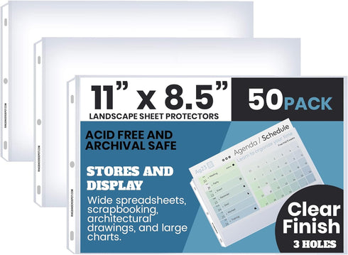 Performore 50 Sheet Protectors, Landscape Clear Page 8.5 X 11 Inch for 3 Ring Binder, Plastic Sheet Sleeves, Top Loading with 3 Hole-Punched Archi...