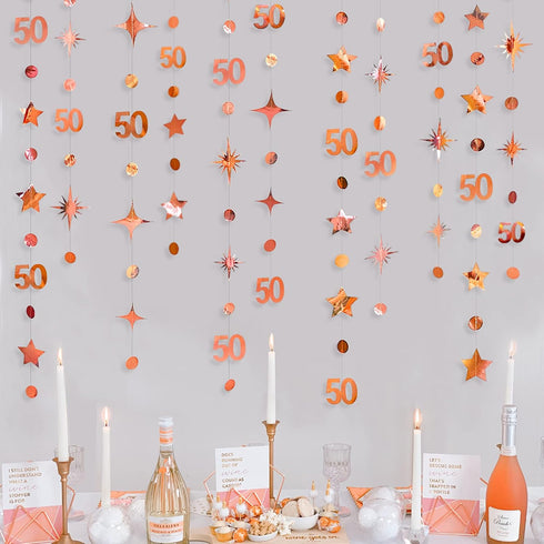 Rose Gold 50th Birthday Decorations Number 50 Circle Dot Twinkle Star Garland Metallic Hanging Streamer Bunting Banner Backdrop for 50 Year Old Bi...