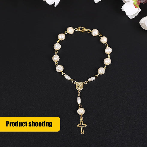 2 PCS Car Rearview Mirror Rosary Pendant, Rose Bead Christening Hollow Cross Bracelet, Creative Fashion Exquisite Bead Decoration, for Most Car, T...