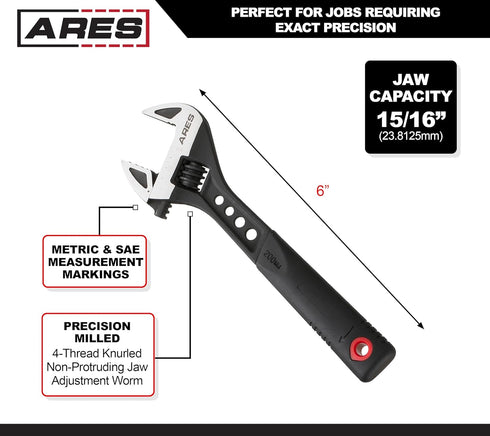 ARES 79001-6-Inch Adjustable Wrench - 15/16-Inch Jaw Capacity - Chrome Vanadium Steel Construction - Ergonomic TPR Handle...