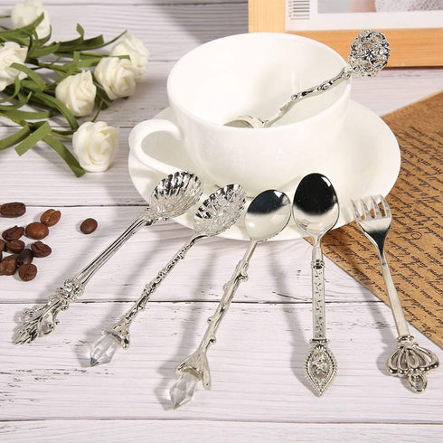 Fdit 6Pcs/Set Vintage Carved Coffee Spoon Teaspoon Retro Zinc Alloy Dessert Coffee Tableware Spoons Cutlery Kitchen(Silver)...