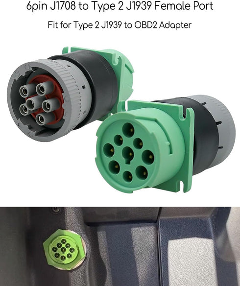 Diagnostic Plug 9pin J1939 Type 2 to 6pin J1708 Motorcycle Wiring Female Adapter, Green...