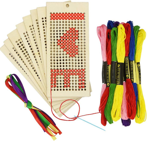 8Pcs Art and Crafts Sewing Wooden Bookmark Cross Stitch Embroidery Kit + 12pcs Sewing Threads for Beginner and Teens(Not Include Instructions)......