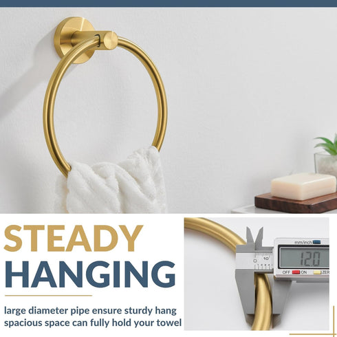 APLusee Hand Towel Ring, 304 Stainless Steel Round Towel Holder, Wall Mounted Towel Hanger for Bathroom Kitchen, Brushed Gold...