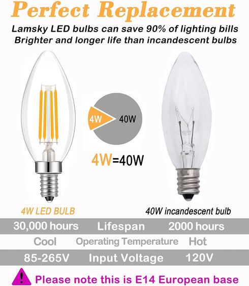 E14 Base LED Filament Candle Shape Light Bulb,E14 European Base Bulb,Warm White 2700K 400LM 40W Equivalent,C35 Clear Glass Torpedo Shape Bullet To...