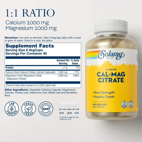 Solaray Calcium Magnesium Citrate 1:1 Ratio, Healthy Bones, Teeth, Muscle & Nervous System Support, 30 Serv, 180 VegCaps...