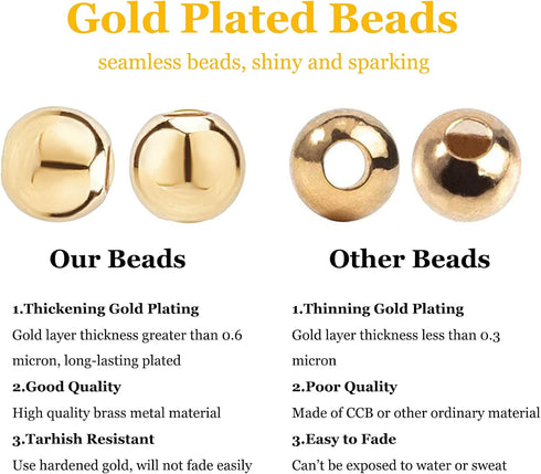 PH PandaHall 300pcs 4mm 14K Gold Plated Beads Mini Round Jewelry Beads Waist Loose Bead Smooth Metal Brass Bead for Friendship Bracelet Bikini Bel...