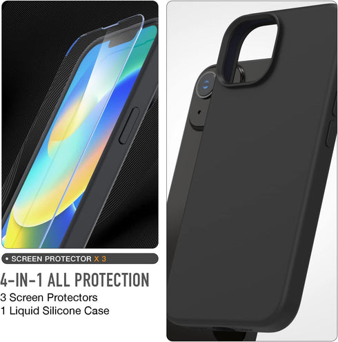 Trianium [4 in 1 Designed for iPhone 14 Case Silicone (Black), with 3 Pack Screen Protector, Bundle Protection Kit HD Tempered Glass Slim Cover 6....