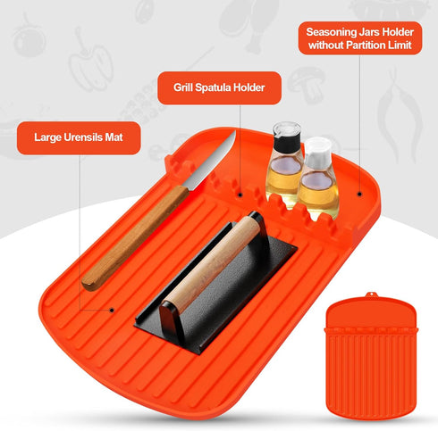 Silicone Griddle Tools Mat for Blackstone,16.9"x 11.8" Spatula Mat with Drip Pad,Heat-Resistant Grill BBQ Caddy Utensils Holder for Kitchen,Cookin...