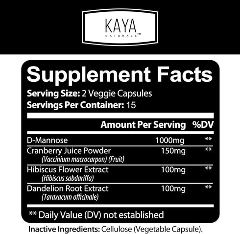 Kaya Naturals - D-Mannose - Urinary Tract UT Cleanse & Bladder Health - Made with Cranberry, Hibiscus & Dandelion Root - D Mannose Capsules Cranbe...