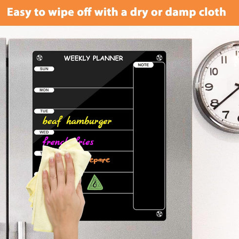 Weekly Dry Erase Board for Refrigerator, Magnetic Weekly Calendar for Fridge, Black Acrylic Note Board, Planner Schedule Board, Double-Sided Use...
