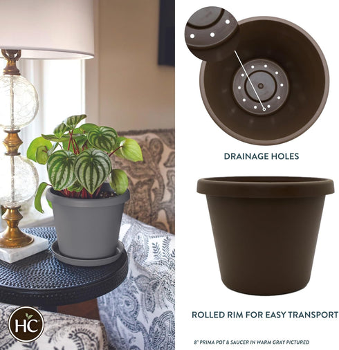 The HC Companies 6 Inch Round Prima Planter - Small Plastic Plant Pot with Rolled Rim for Indoor Outdoor Plants Flowers Herbs, Chocolate...