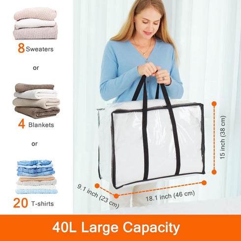 Vieshful 3 Pack Clear Clothes Storage Bag, 40L Plastic Blanket Storage Bag with Zipper, Foldable Closet Organizer, Moving bags for Comforter, Blan...