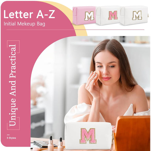 Personalized Makeup Bag Initial A-Z Preppy Patch Bag,Small PU Leather Travel Cosmetic Bag Pouch with Zipper,White Cute Toiletry Bag,Gift Ideal for...