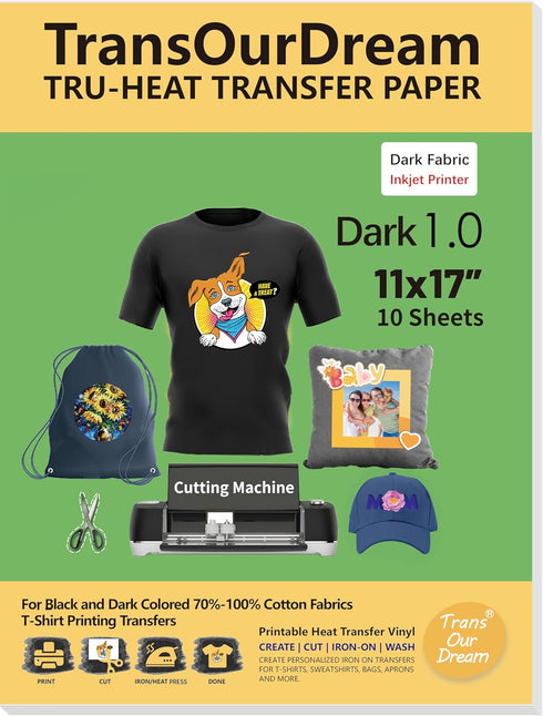TransOurDream Dark Heat Transfer Paper for T Shirts (10 Sheets, 11x17") Printable HTV Heat Transfer Vinyl for Inkjet Printer Iron on Transfers for...