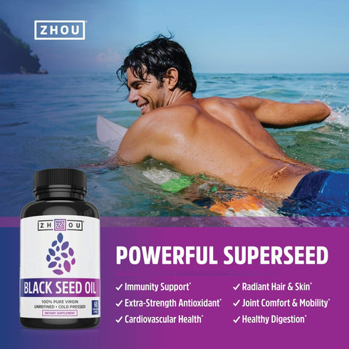 Zhou Nutrition Black Seed Oil Capsules, 100% Virgin, Cold Pressed Source of Omega 3 6 9, Super Antioxidant for Immune Support, Joints, Digestion, ...