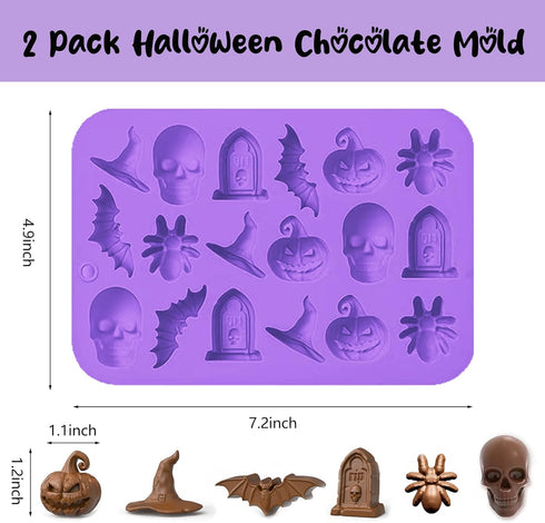 2 Pack Halloween Chocolate Mold, 3D Silicone Candy Molds Halloween Baking Mold Skull Pumpkin Spider Bat Witch Hat Gummy Fondant Mold for Candy Coo...
