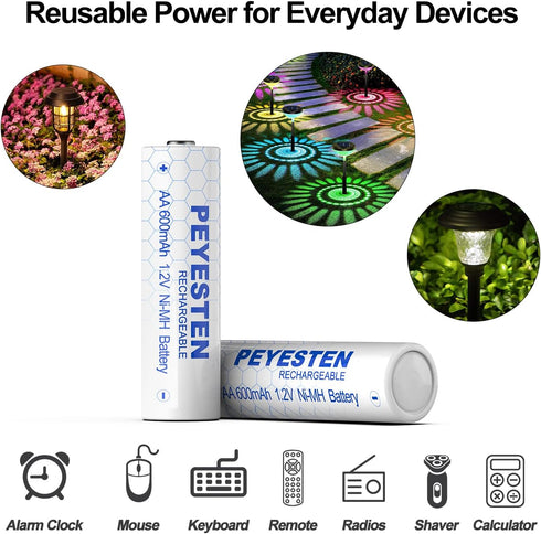 1.2V 600mAh NiMh Rechargeable AA Batteries Solar aa Battery for Solar Lights,Outdoor Lights,String Lights 12 Packs...