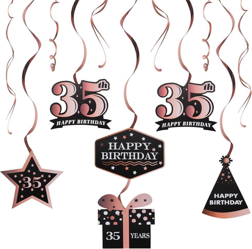 LINGTEER Happy 35th Birthday Decorations - 12 Pcs Birthday Black & Rose Gold Foil Swirls Streamer Set,Cheers to 35 Years Old Bday Party Gift Decor...