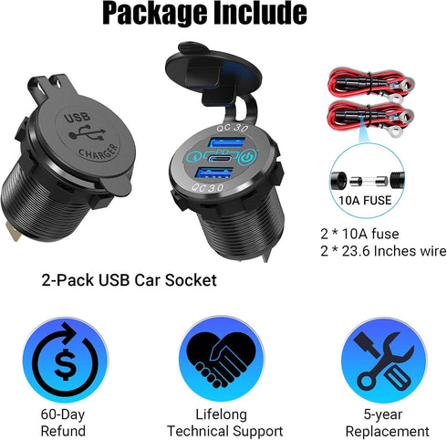 12V USB C Car Charger Socket 2 Pack, Qidoe 56W Aluminum Socket 12V USB Outlet 20W PD3.0 USB-C and Dual QC3.0 Ports with Touch Switch Waterproof DI...