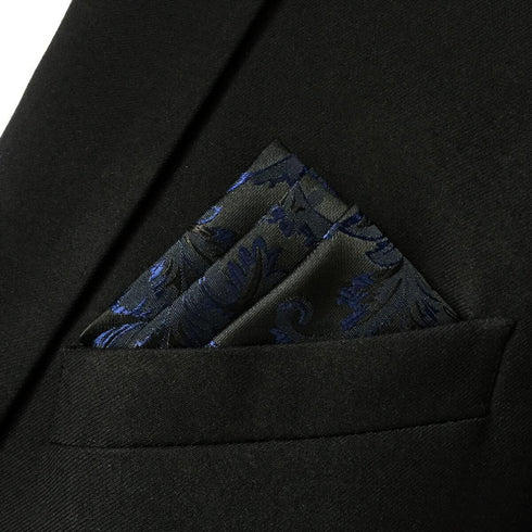 S&W SHLAX&WING Navy Pocket Square Black Patterned Handkerchief for Men Silk...