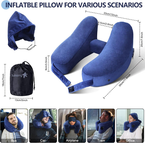Sunany Neck Pillow for Travel Inflatable Airplane Pillow Comfortably Supports Head,Neck and Chin,Inflatable Travel Pillow with Soft Velour Cover,H...