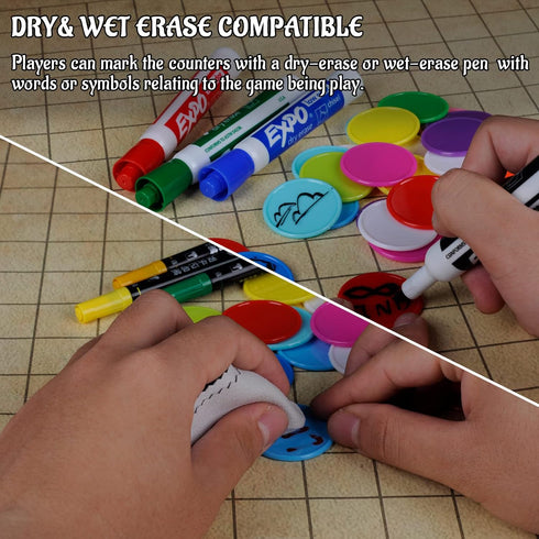 DND Wet & Dry Erase Tokens Set of 100 Colorful Blank Counters - 1.5" Customizable & Reusable Game Discs for Dungeons & Dragons, MTG, Bingo Clips a...