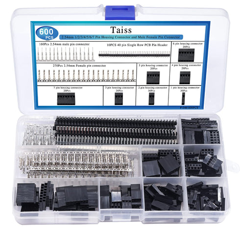 Taiss 600PCS Dupont Connector Kit 2.54mm 1/2/3/4/5/6/7 Pin Housing Connector and Male Female Crimp Pin,Dupont Crimp Pin Adaptor Assortment,Jumper ...