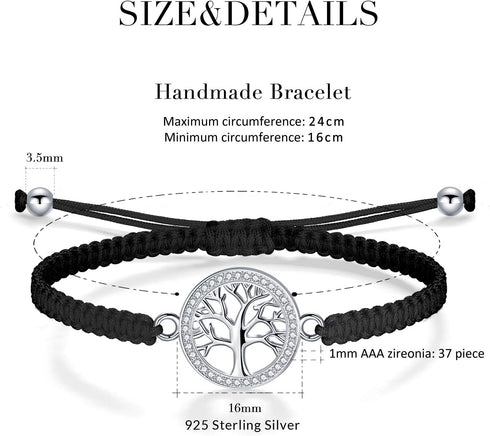 ZENI Tree of Life Bracelet for Women, Black Rope Bracelet 925 Silver Handmade Braided Adjustable Bracelet Love Friendship Christmas Bracelet Gifts...