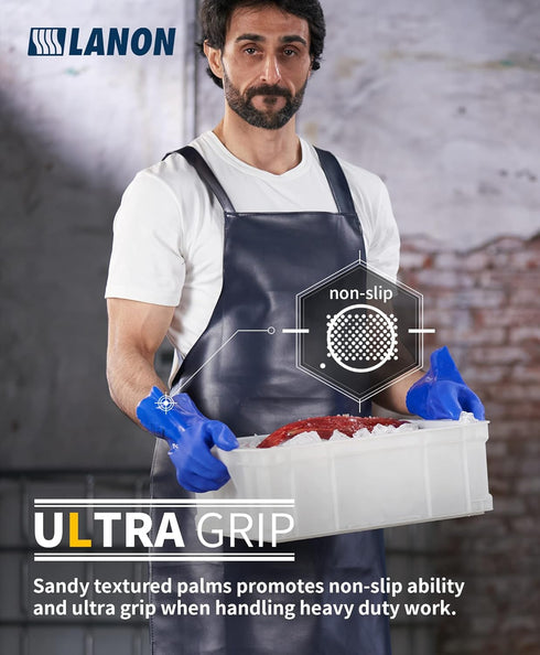 LANON PVC Chemical Resistant Gloves, Heavy-Duty Rubber Gloves, Acid, Alkali and Oil Protection, Non-Slip, Blue, Large...