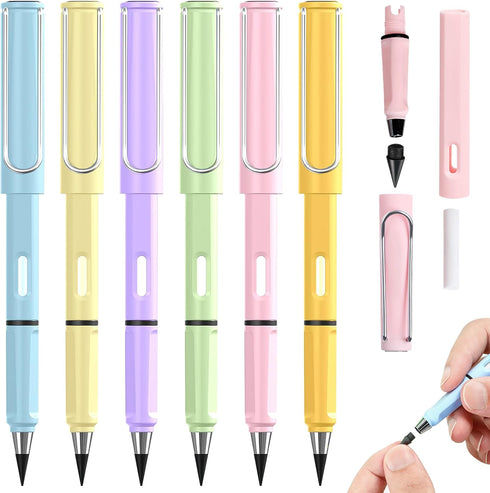 6 PCS Eternal Inkless Pencil with Eraser Erasable Everlasting Pencils Replaceable Nib Colorful Forever Infinity Pencil Portable Magic Pencils for ...