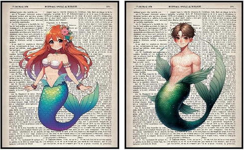 Posterizer 2 pcs-Cute Mermaid and Merman Dictionary Wall Art-Abstract Modern Art-Movie Cinema Art-Gift for Daughter, Son, Kids-Decor for nursery t...
