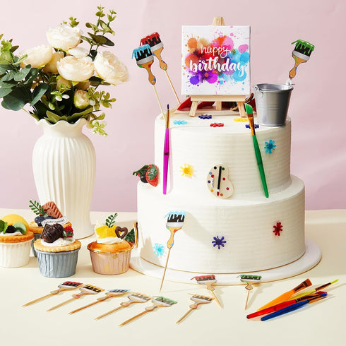 Taiyin 34 Pcs Art Cake Decorations Paint Brush Cupcake Toppers Art Paint Cake Topper Artboard Palette Cake Topper Artist Themed Cake Decor for Gir...