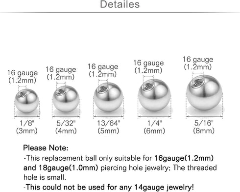 QWALIT 16gauge 14gauge Stainless Steel Replacement Balls for Lip Studs Labret Earrings Piercing Jewelry Septum Rings Externally Threaded Plastic B...