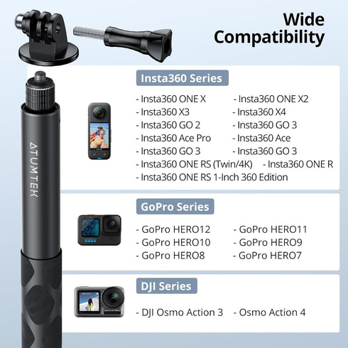 ATUMTEK 150cm Invisible Selfie Stick, 1/4" Extendable Monopod Pole, Solid and Compact Design for Insta360, for GoPro, DJI, Action Cameras (Buckle ...